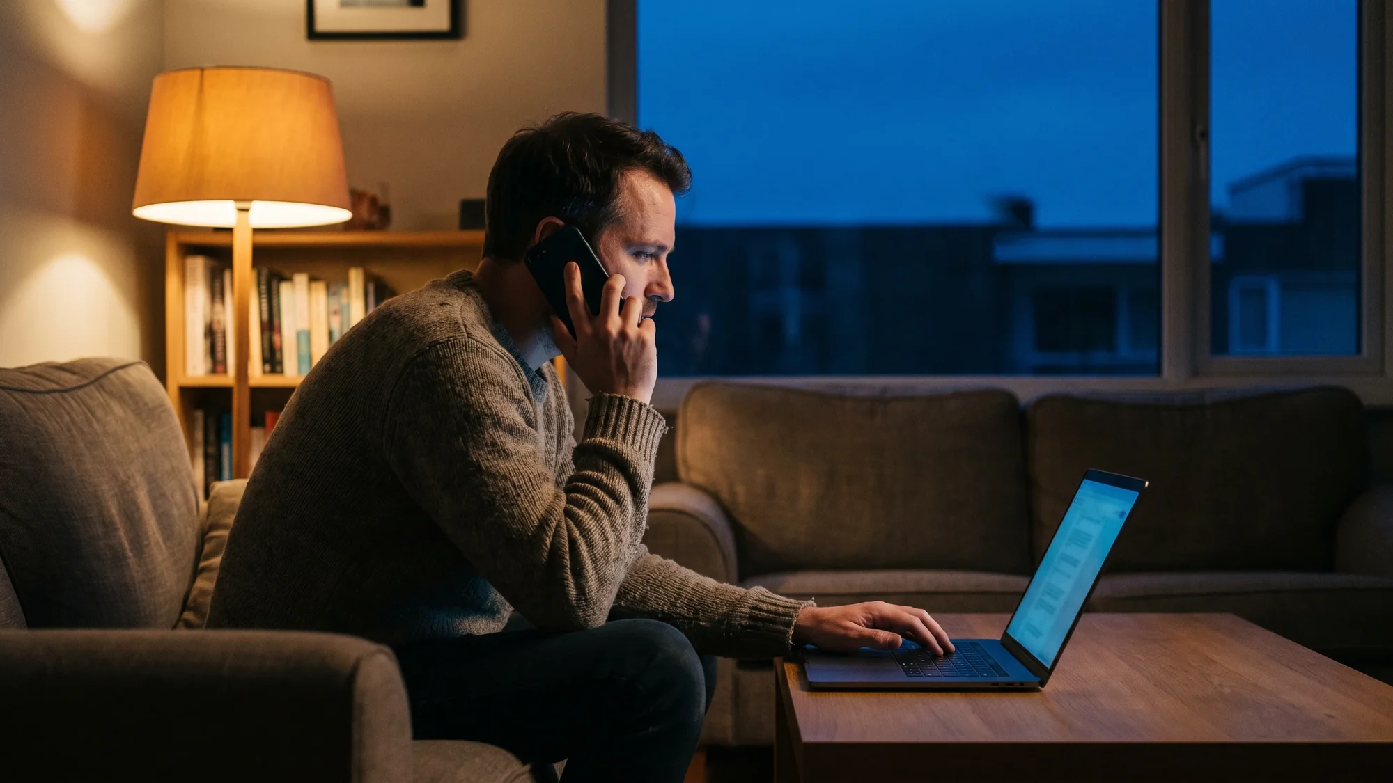 A man on the phone fills in an online form from his sofa