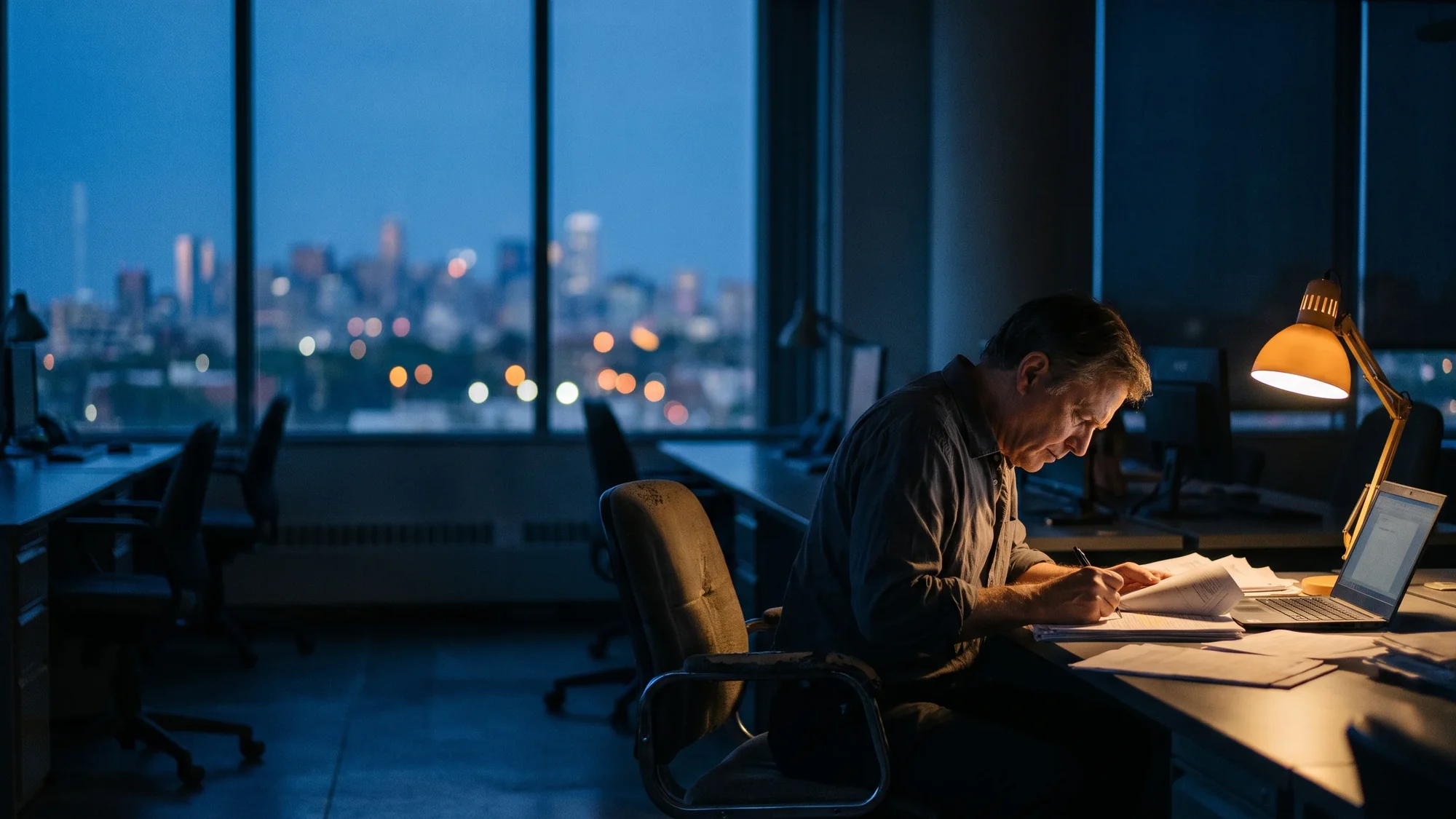 An editor marks up court documents in a newsroom at dusk